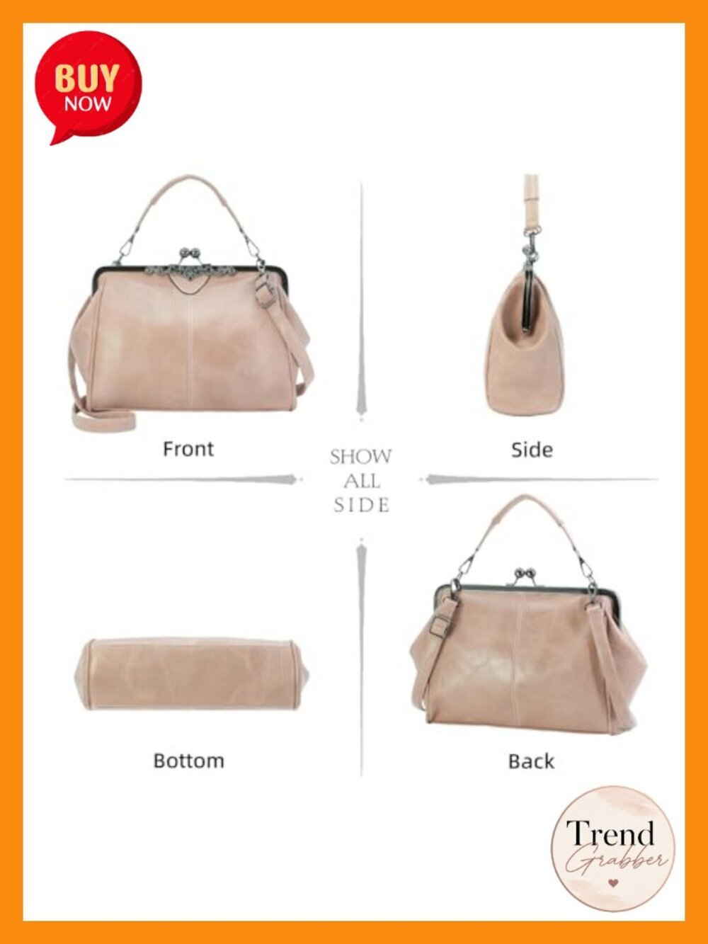 Vintage Kiss Lock Satchel - Faux Leather Crossbody Bag for Women, Evening Clutch - Picture 3 of 5